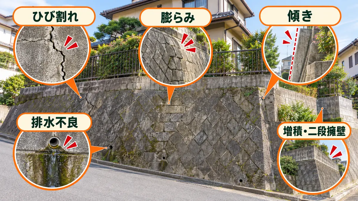 築古戸建ての擁壁で注意したいひび割れ・膨らみ・傾き・排水不良・増積二段擁壁の例