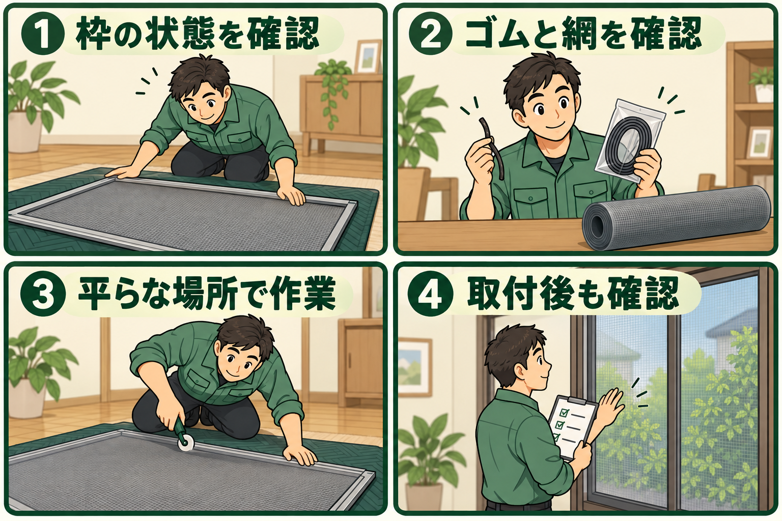 枠と材料を確認し、平らな場所で作業して取り付け後も確認する網戸張り替えの4コマ漫画