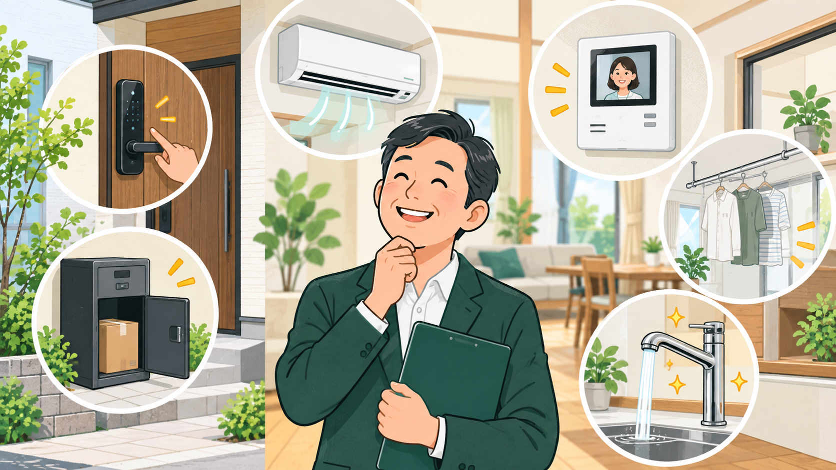戸建て賃貸で入居者に喜ばれる設備を確認する大家のイラスト