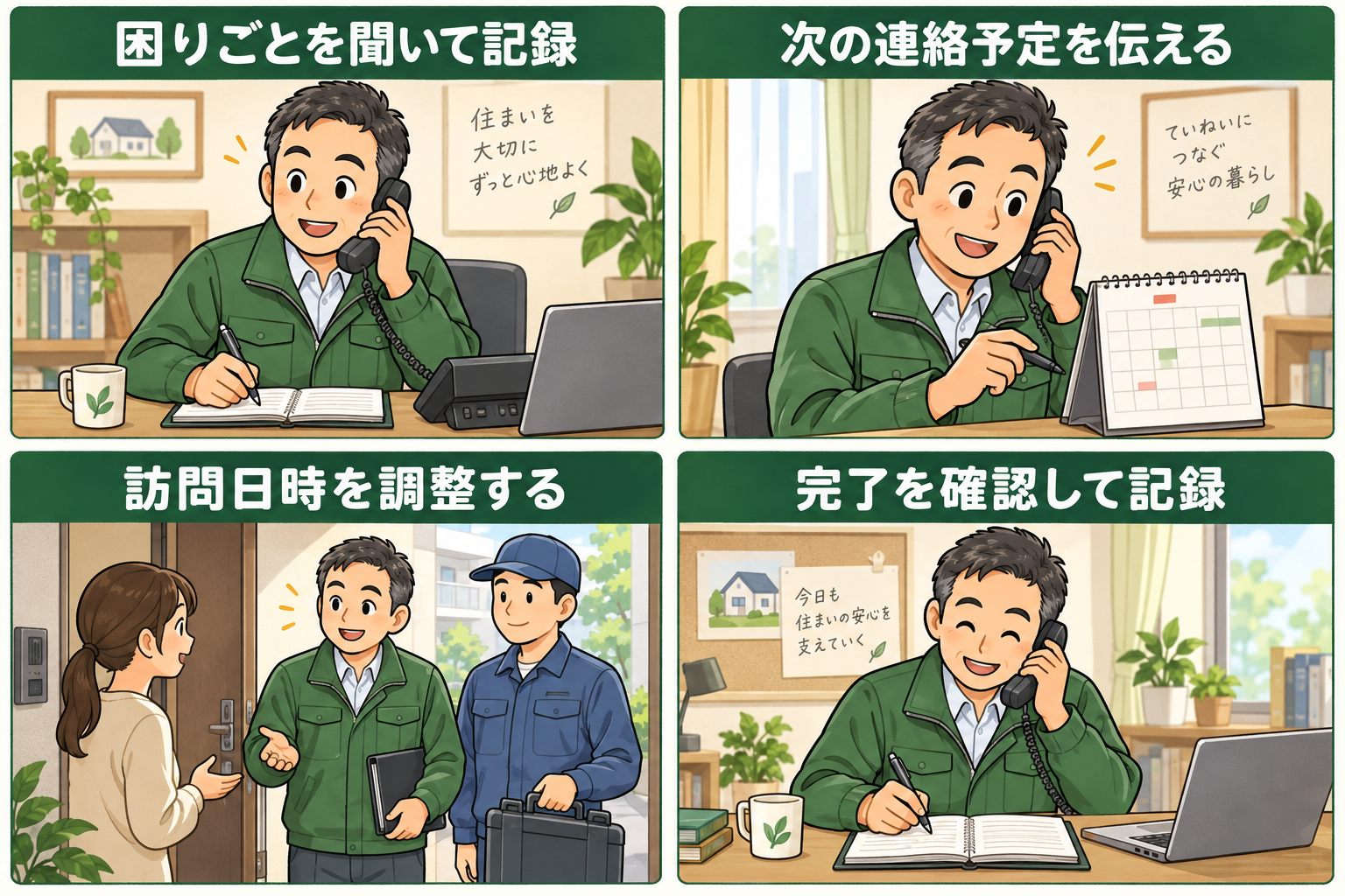 入居者の困りごとを記録し、連絡予定と訪問日時を調整して修繕完了を確認する4コマ漫画