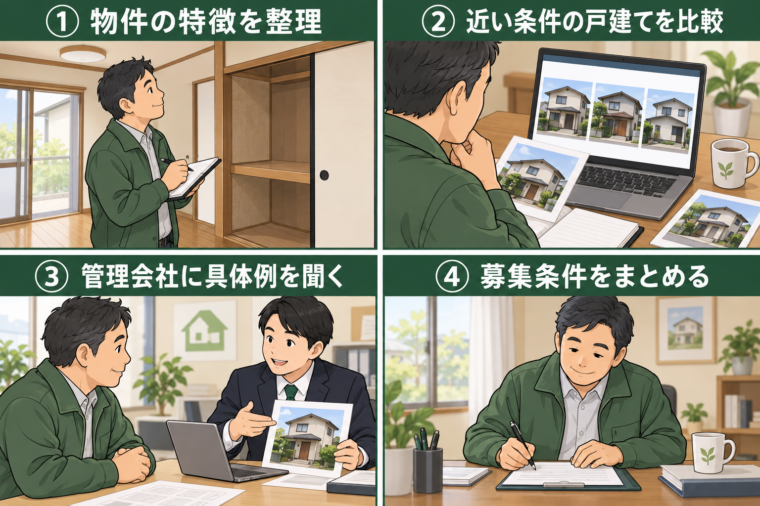 戸建ての特徴を整理し、競合比較と管理会社への聞き取りから募集条件をまとめる4コマ漫画