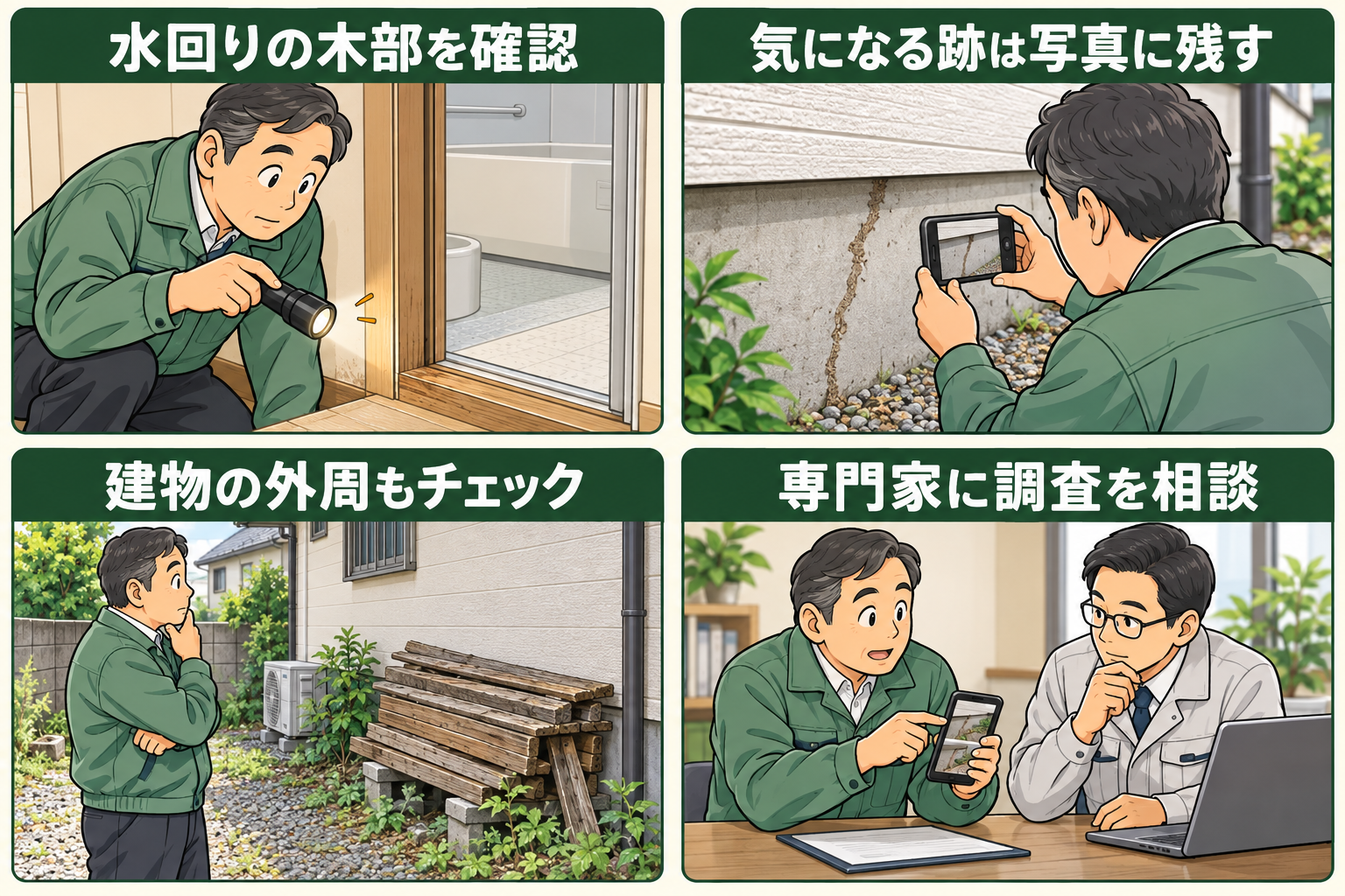 水回りの木部と建物外周を確認し、気になる跡を撮影して専門家へ相談する4コマ漫画