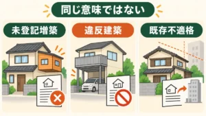 未登記増築と違反建築の違いを確認する大家のイラスト