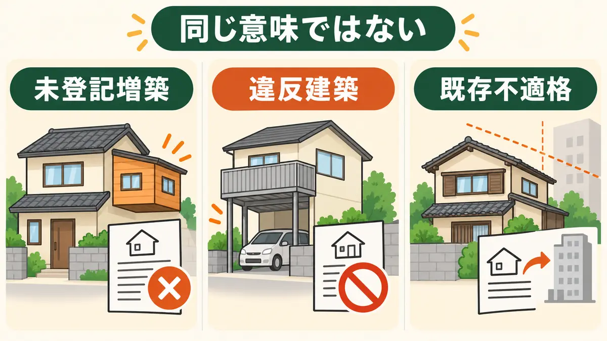 築古戸建ての未登記増築・違反建築・既存不適格が同じ意味ではないことを示す比較図解