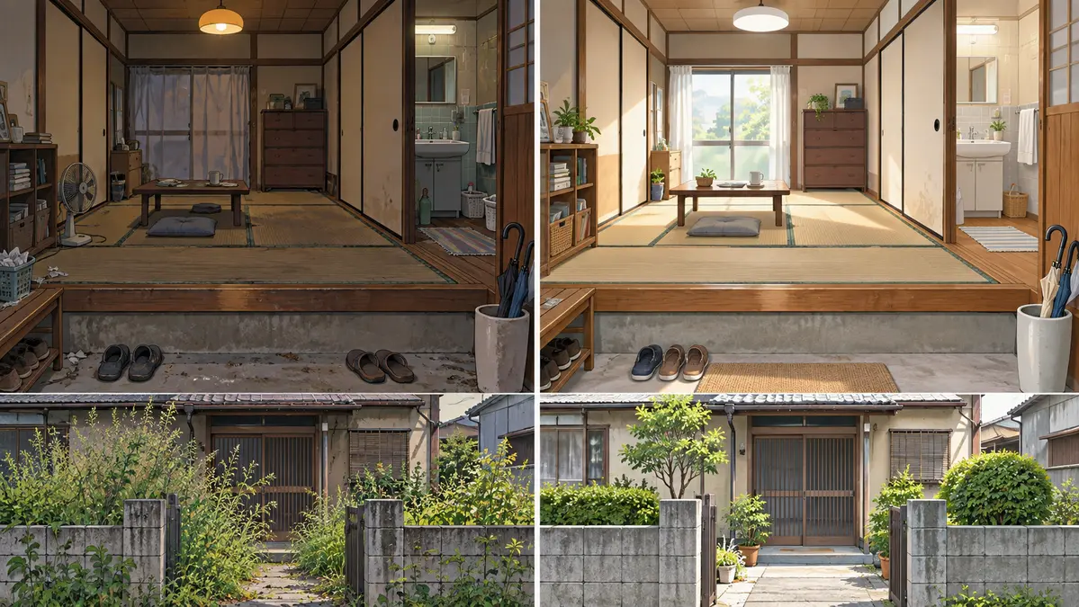 築古戸建ての室内と外観を清掃・照明・草刈りで改善したビフォーアフターのイラスト