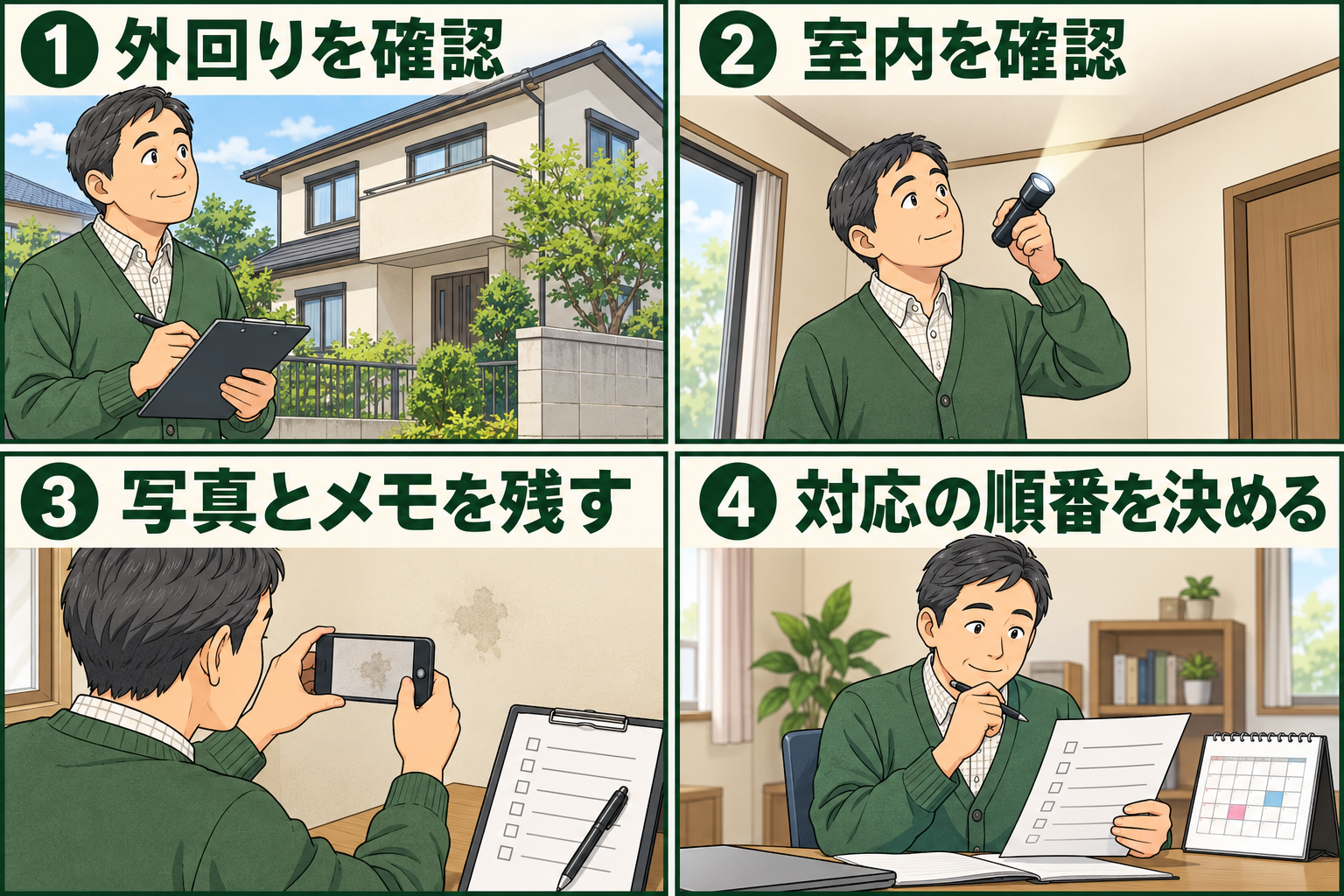 空室巡回で外回り、室内を確認し、写真とメモを残して対応の順番を決める4コマ漫画