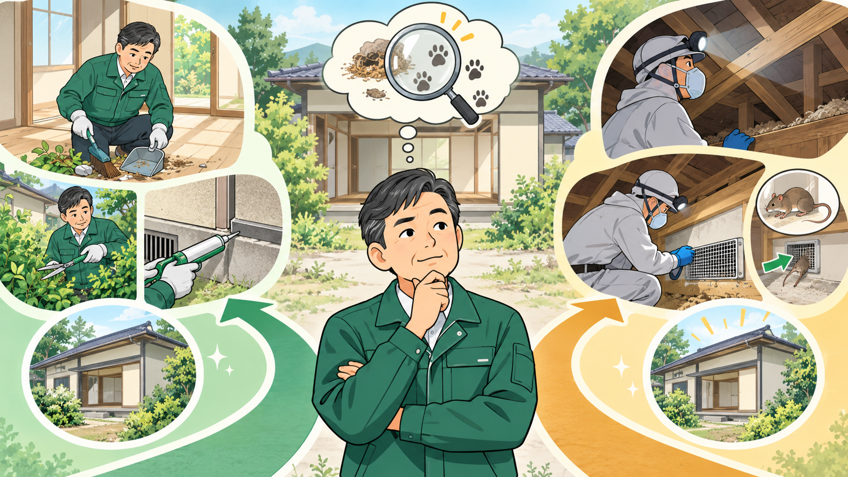 空室の害虫害獣対策で大家対応と専門業者への依頼を判断するイラスト