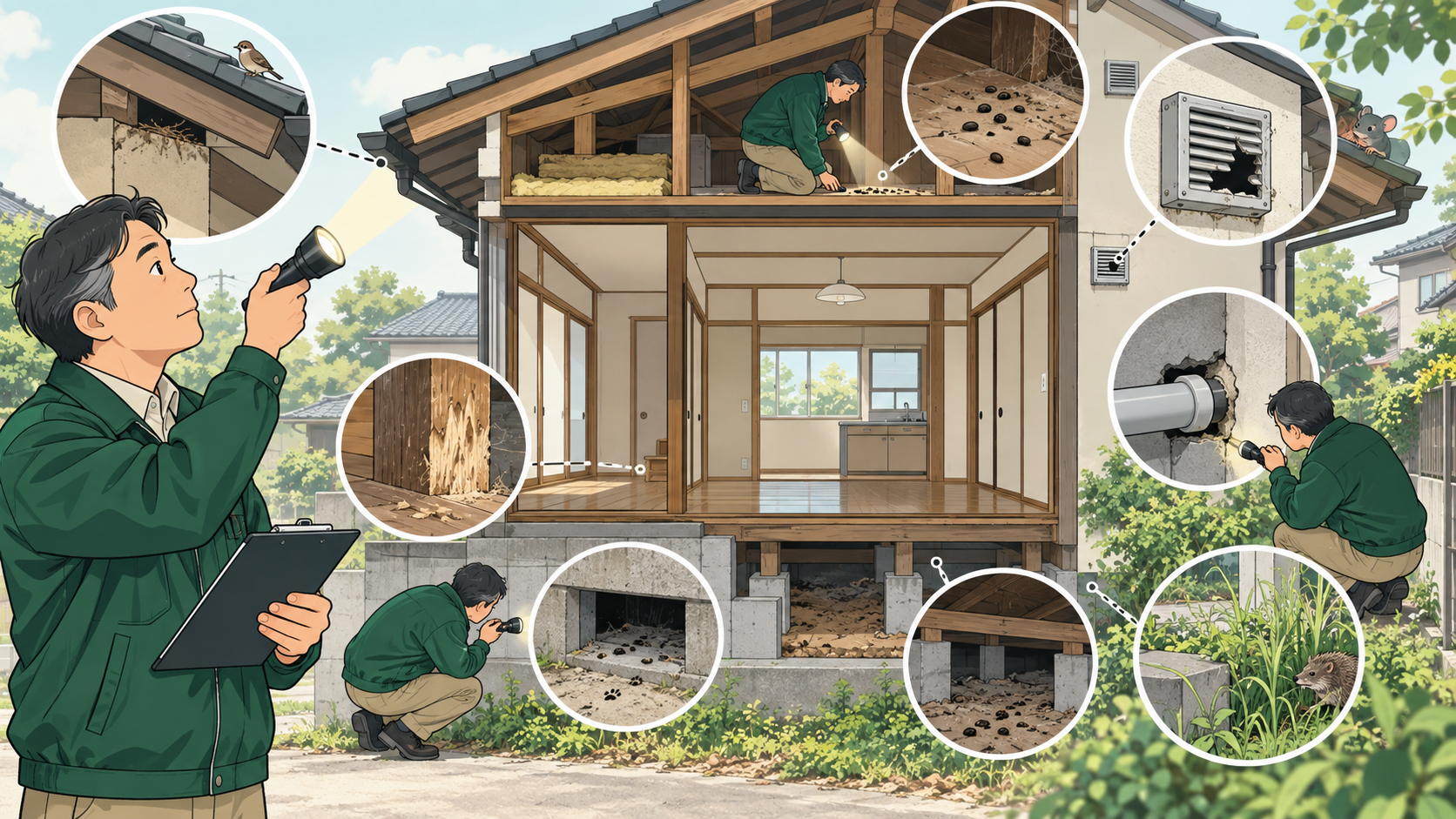 空室中の戸建てで害虫や害獣の侵入口と痕跡を確認する大家のイラスト