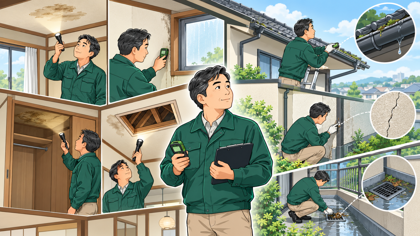 空室中の戸建てで天井や外壁など雨漏りの兆候を確認する大家のイラスト