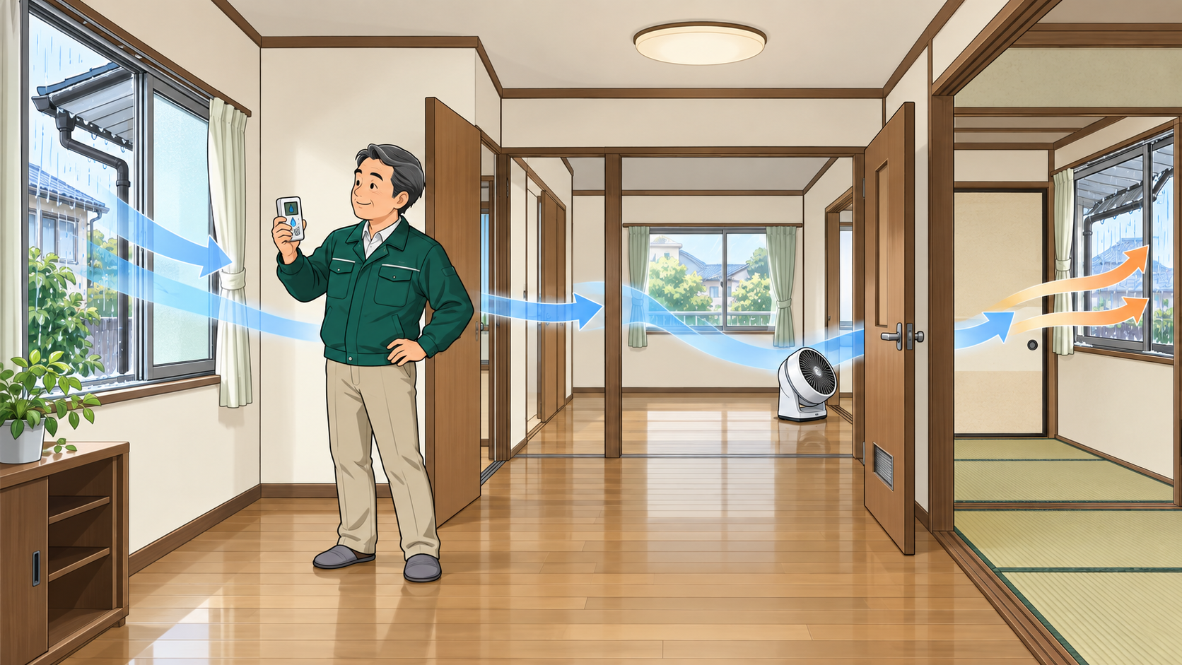 空室中の戸建てで窓と室内ドアを開けて換気する大家のイラスト