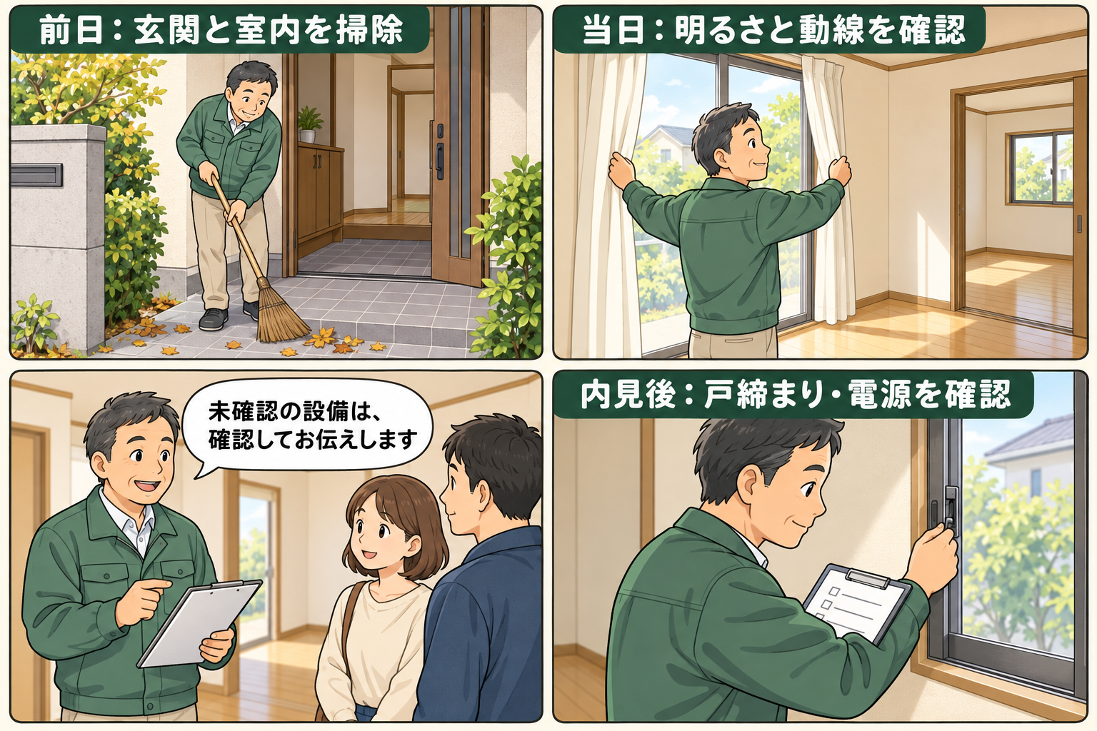 内見前の掃除、当日の明るさと動線、設備説明、内見後の戸締まりを示す4コマ漫画