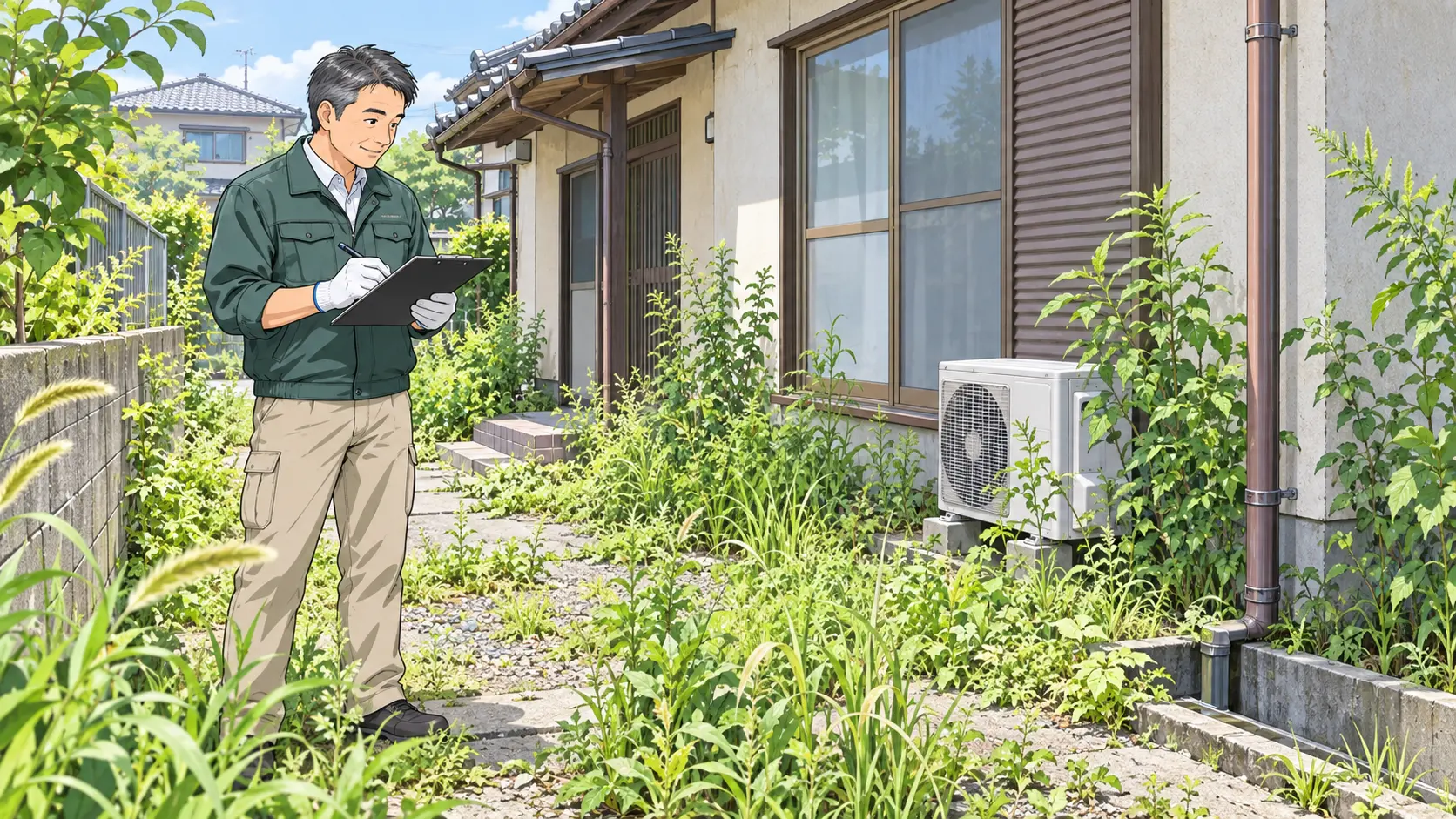 空室中の戸建てで庭と雑草の状態を確認する大家