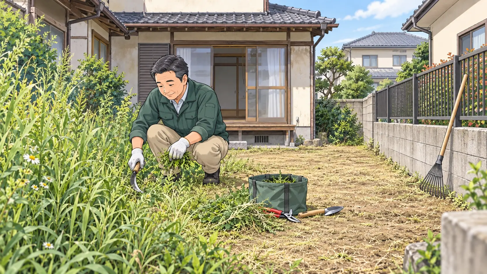 空室の庭で安全に雑草を除去する大家