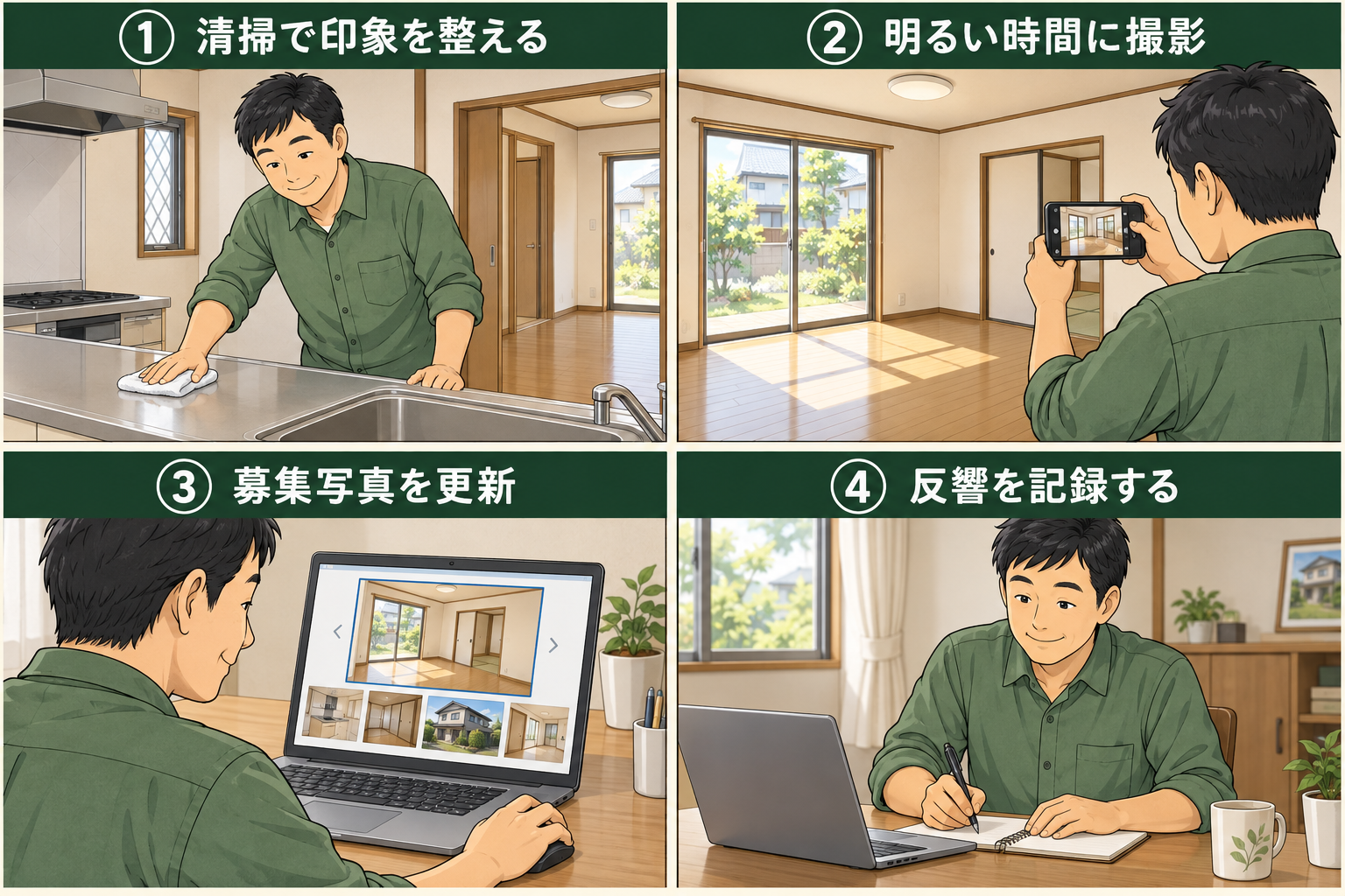 戸建ての清掃、募集写真の撮影と更新、反響の記録を進める大家の4コマ漫画