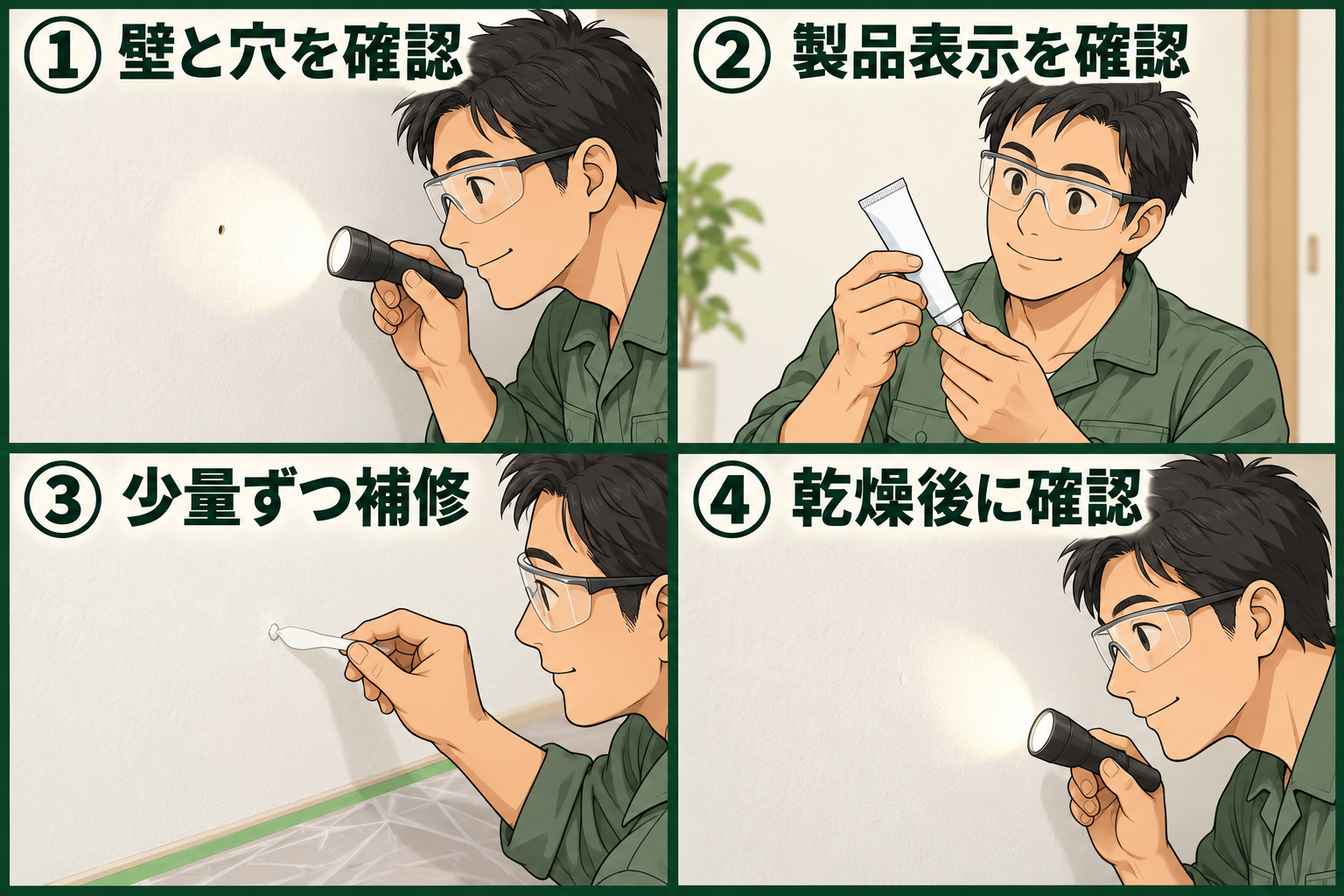 壁と穴の状態、製品表示を確認し、少量ずつ補修して乾燥後に仕上がりを確認する4コマ漫画