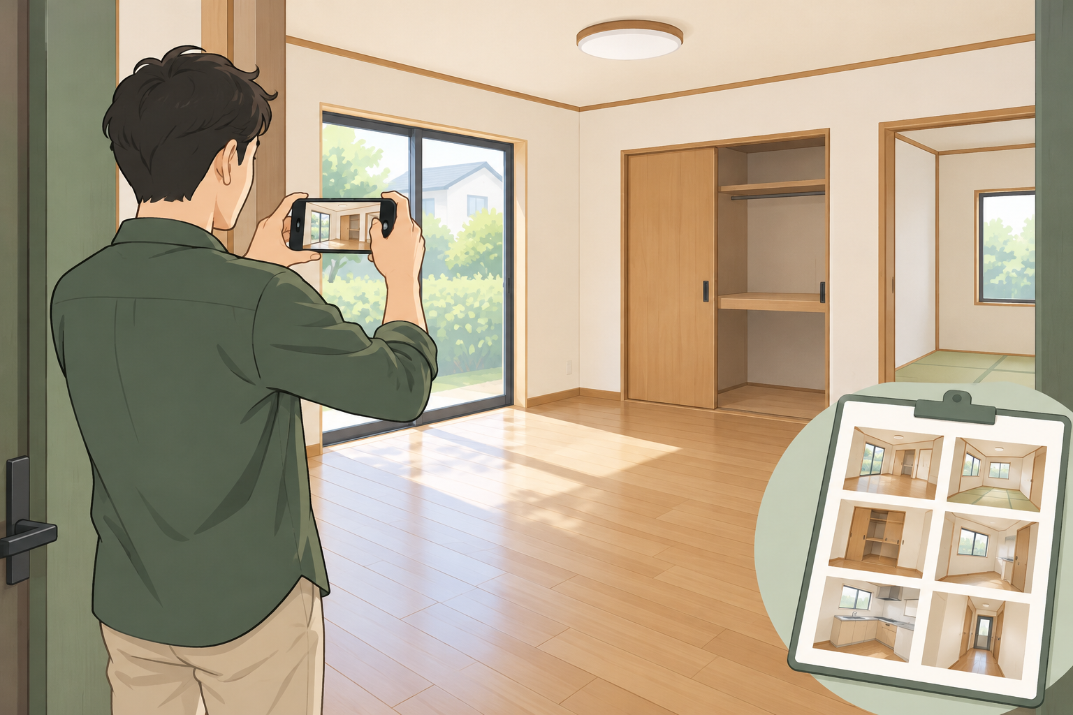 空室の戸建てでスマートフォンを横向きに持ち、部屋全体を撮影する大家のイラスト